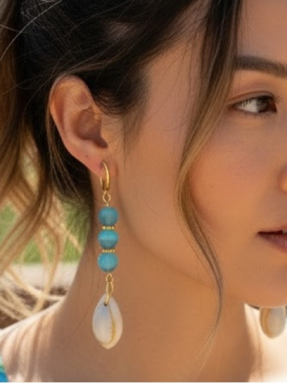 HAND CRAFTED BLUE CAT’S EYE COWRIE SHELL DANGLE EARRINGS Gold Beach Mermaidcore